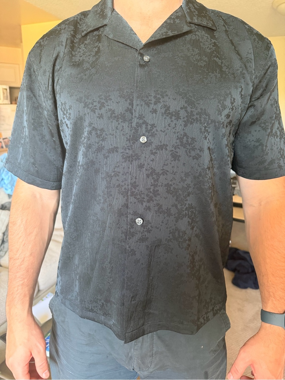 Abercrombie & Fitch Black Floral Jacquard Short-Sleeve Button-Down Shirt